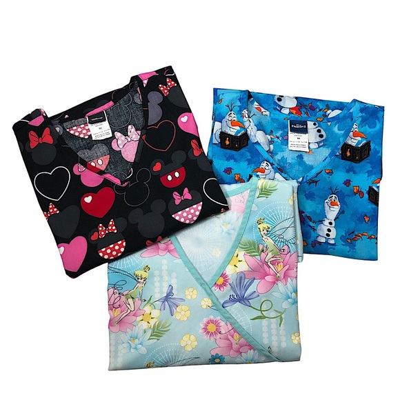 Disney Tops - Disney Mickey Frozen Tinker Bell Bundle Of 3 Disney Scrubs Tops With Pockets M
